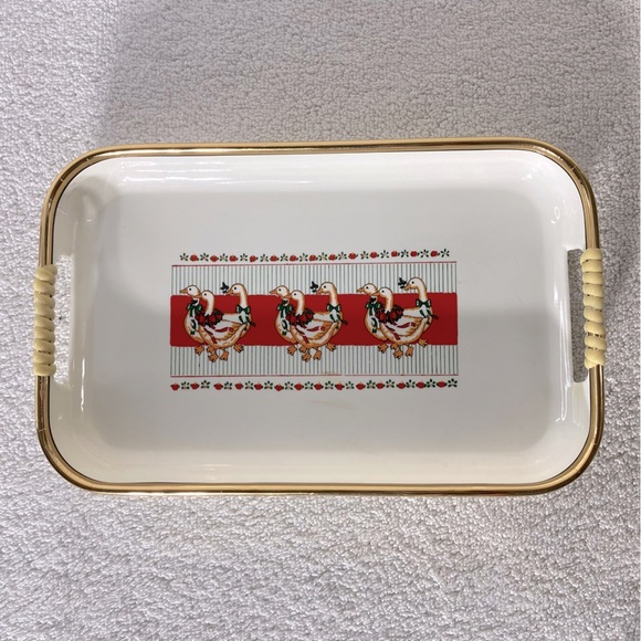 Vintage Country Ribbon Geese Cream Red Green Christmas Tray - Picture 14 of 14